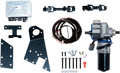 A car power steering conversion kit is displayed on a white background, including a control unit, steering motor, mounting brackets, wiring harness, universal joints, bolts, washers, nuts, and a red connector. The components are neatly arranged in separat