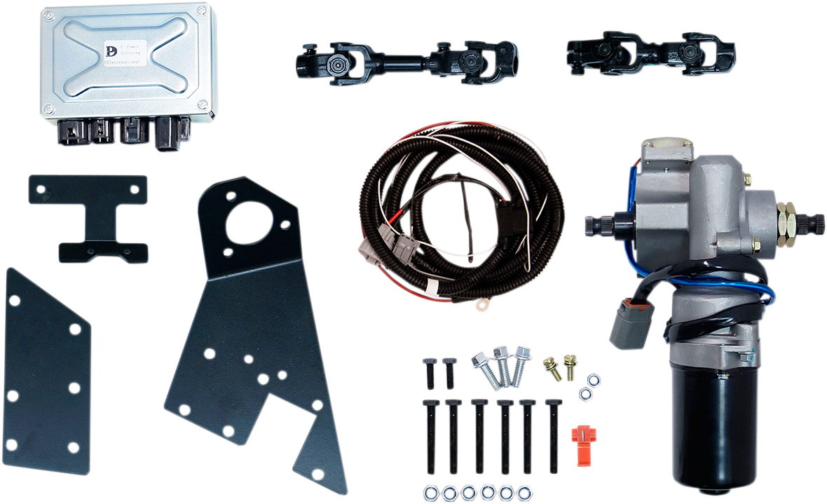 A car power steering conversion kit is displayed on a white background, including a control unit, steering motor, mounting brackets, wiring harness, universal joints, bolts, washers, nuts, and a red connector. The components are neatly arranged in separat