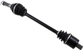 A close-up image of a black automotive drive shaft with rubber boots at both ends and metal joints exposed, designed for transferring torque in a vehicle’s drivetrain. The shaft is diagonally positioned on a white background.