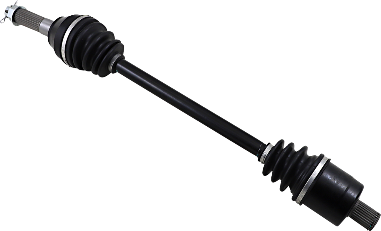 A close-up image of a black automotive drive shaft with rubber boots at both ends and metal joints exposed, designed for transferring torque in a vehicle’s drivetrain. The shaft is diagonally positioned on a white background.