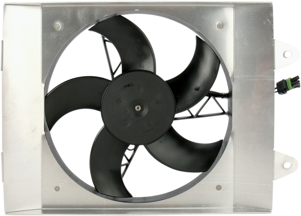 A large, square metal housing with a circular opening contains a black, four-blade electric fan. The right side shows a green and black electrical connector attached to the fan, and the background is plain white.