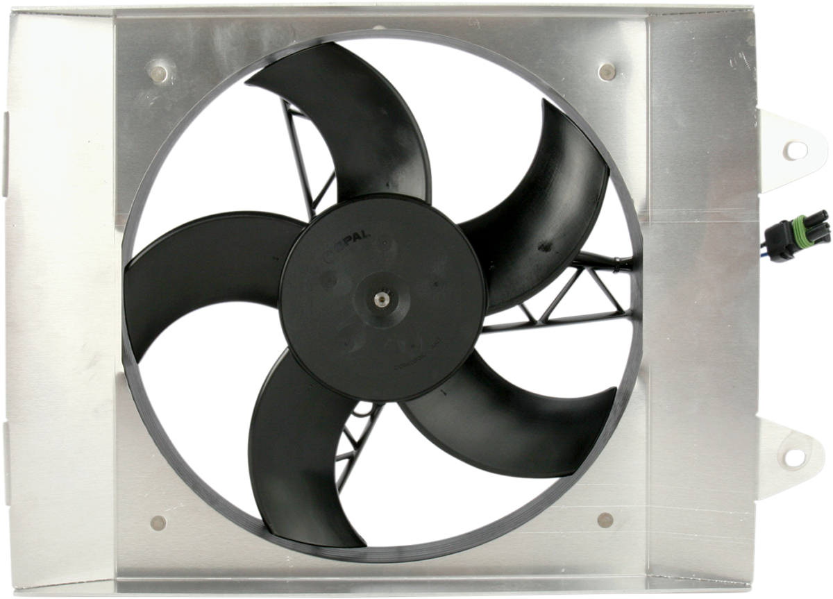 A large, square metal housing with a circular opening contains a black, four-blade electric fan. The right side shows a green and black electrical connector attached to the fan, and the background is plain white.