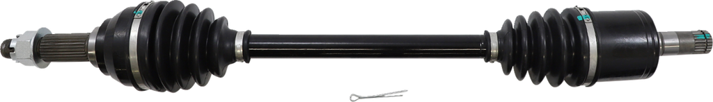 A black automobile CV axle shaft with rubber boots on both ends, metal joints, and splined ends for connection. A small silver split pin is placed below the axle, centered on a white background.