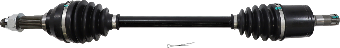 A car axle shaft with black rubber boots on each end, metal clamps securing the boots, and splined steel ends for fitting into a vehicle. A small metal cotter pin lies below the axle, centered in the image, on a white background.