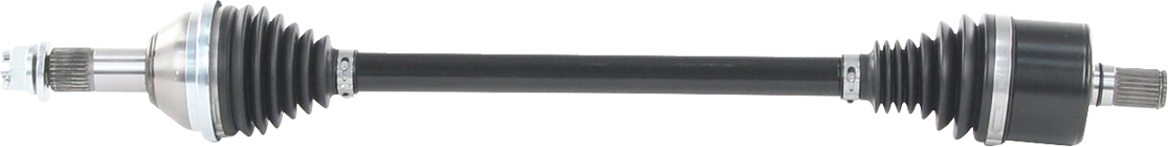 A car axle shaft with black rubber boots and metal joints at both ends, featuring visible splines; the central shaft is solid black and cylindrical, with the overall part displayed on a white background.