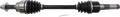 A car axle assembly with black protective rubber boots on each end, metal joints visible, and a straight central shaft. A small silver cotter pin lies underneath the axle on a white background.