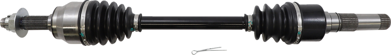 A car axle assembly with black protective rubber boots on each end, metal joints visible, and a straight central shaft. A small silver cotter pin lies underneath the axle on a white background.