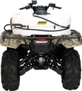 Rear view of an ATV with large, rugged tires. A white tank labeled Moose is mounted on the rear cargo rack. The ATV features a camouflage pattern, exposed suspension, handlebars, and a coiled hose attached to the tank.