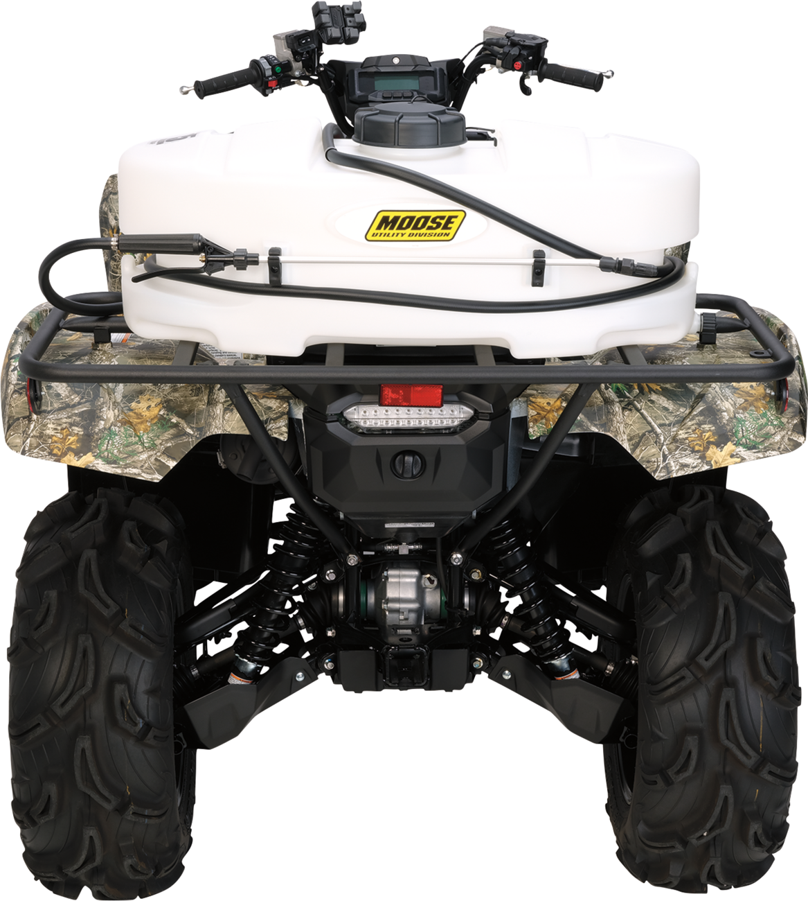 Rear view of an ATV with large, rugged tires. A white tank labeled Moose is mounted on the rear cargo rack. The ATV features a camouflage pattern, exposed suspension, handlebars, and a coiled hose attached to the tank.