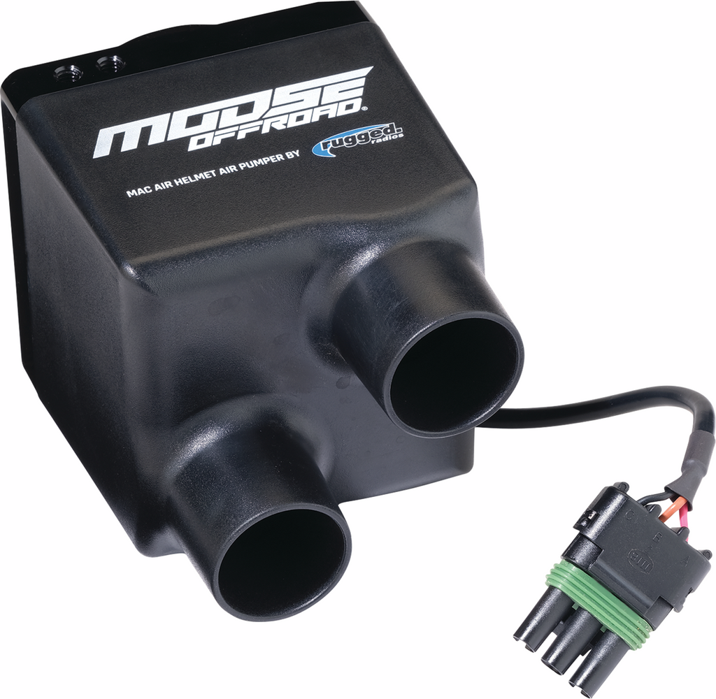 A black Moose Offroad MAC air helmet air pump by Rugged Radios with two cylindrical air outlets, a power cord, and a multi-pin electrical connector. The device has white branding text on top and is photographed on a white background.