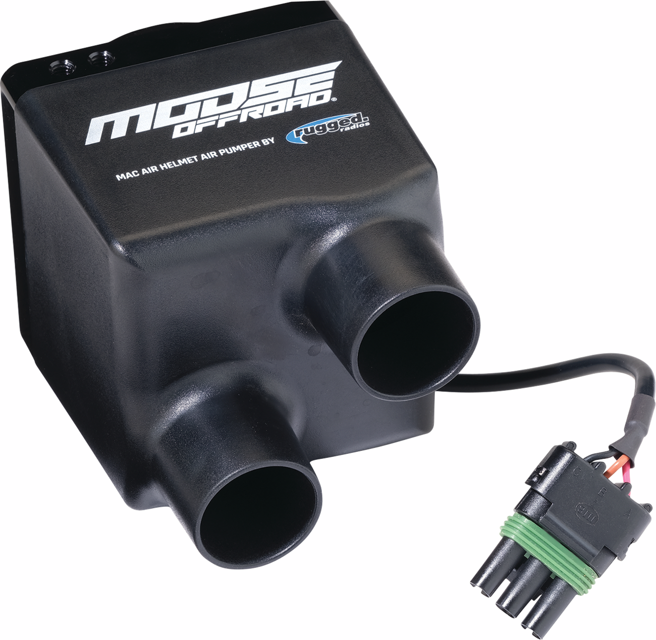 A black Moose Offroad MAC air helmet air pump by Rugged Radios with two cylindrical air outlets, a power cord, and a multi-pin electrical connector. The device has white branding text on top and is photographed on a white background.