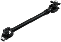 A black metal driveshaft with universal joints at both ends. The tubular shaft is solid and cylindrical, connecting the two joints, which have cross-shaped yokes and visible attachment points for connecting to vehicle components.