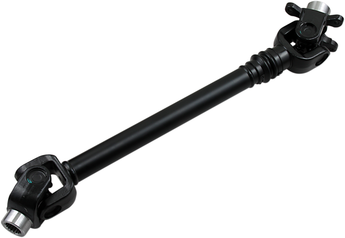 A black metal driveshaft with universal joints at both ends. The tubular shaft is solid and cylindrical, connecting the two joints, which have cross-shaped yokes and visible attachment points for connecting to vehicle components.