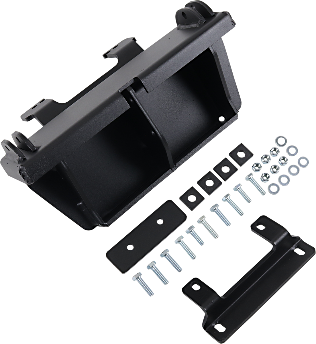 A black metal mounting bracket kit with two large bracket pieces, six bolts with washers and nuts, six rectangular washers, and four smaller washers, all arranged neatly on a white background.