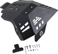 A black metal skid plate with multiple square and rectangular cutouts, an angular design, and a logo on the lower front. Below it, there is a black mounting bracket and various bolts, washers, and nuts arranged in a row on a white background.