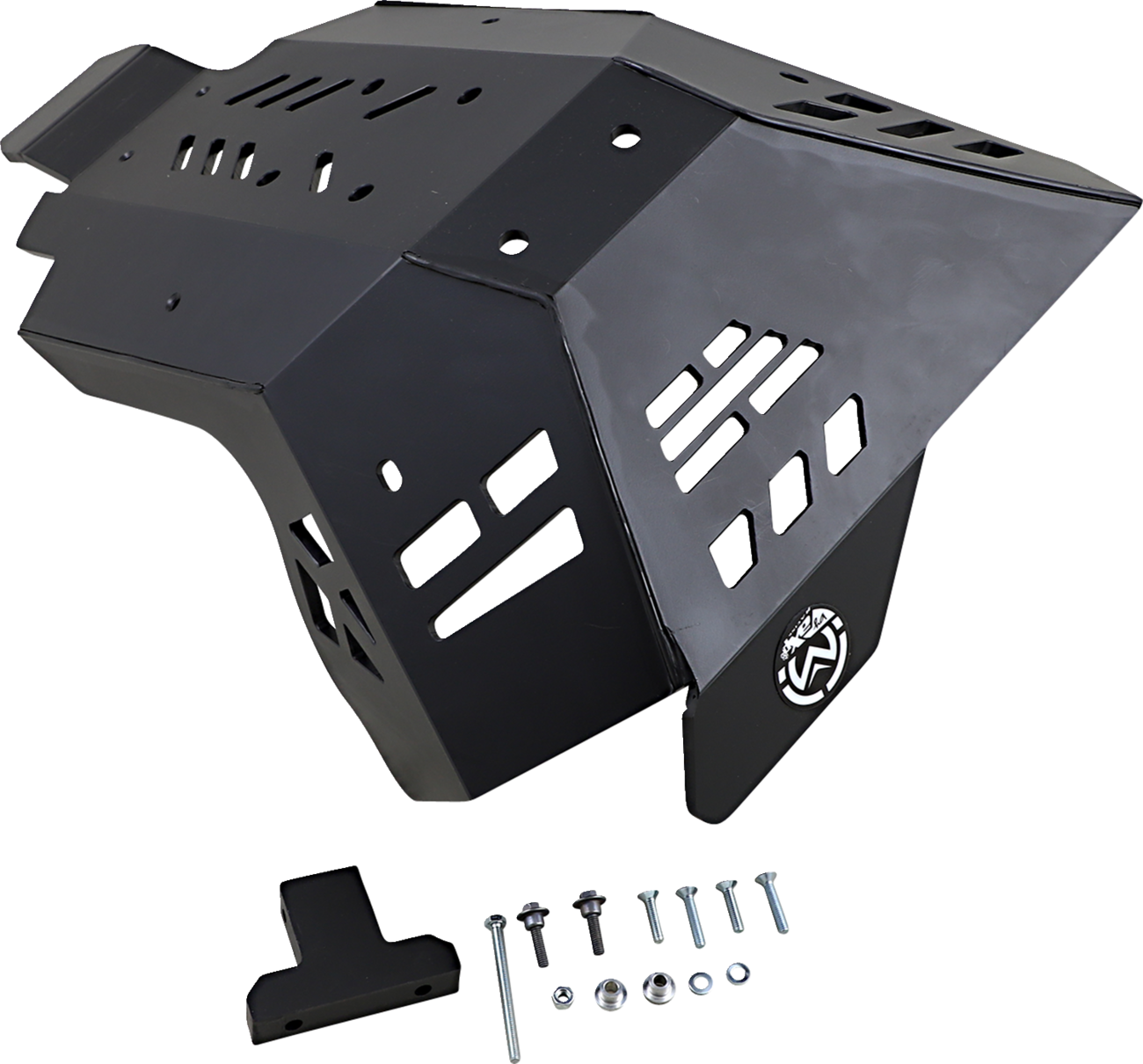 A black metal skid plate with multiple square and rectangular cutouts, an angular design, and a logo on the lower front. Below it, there is a black mounting bracket and various bolts, washers, and nuts arranged in a row on a white background.