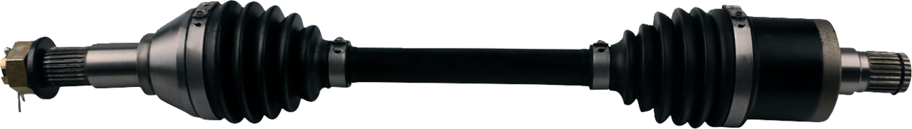 A close-up image of a car CV axle shaft, showing metal ends with gear-like splines and black rubber boots covering the joints on both sides, connected by a cylindrical black shaft in the middle, isolated on a white background.