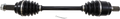 A black automotive CV axle shaft with rubber boots and metal clamps on both ends; splined ends for connection, and a metal cotter pin placed below the axle on a white background.