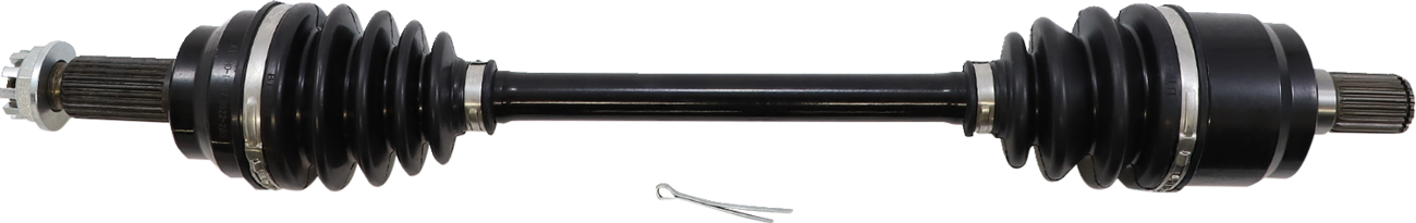 A black automotive CV axle shaft with rubber boots and metal clamps on both ends; splined ends for connection, and a metal cotter pin placed below the axle on a white background.