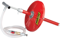 A red, circular, disc-shaped tire bead seater tool with a metal nozzle and flexible transparent hose attached, featuring a “Moose Racing” logo on the red surface. The hose includes a metal fitting and valve for air connection.