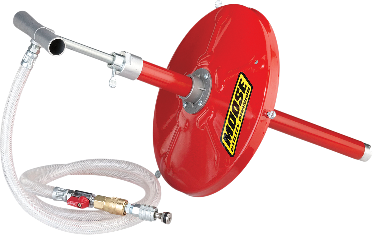 A red, circular, disc-shaped tire bead seater tool with a metal nozzle and flexible transparent hose attached, featuring a “Moose Racing” logo on the red surface. The hose includes a metal fitting and valve for air connection.