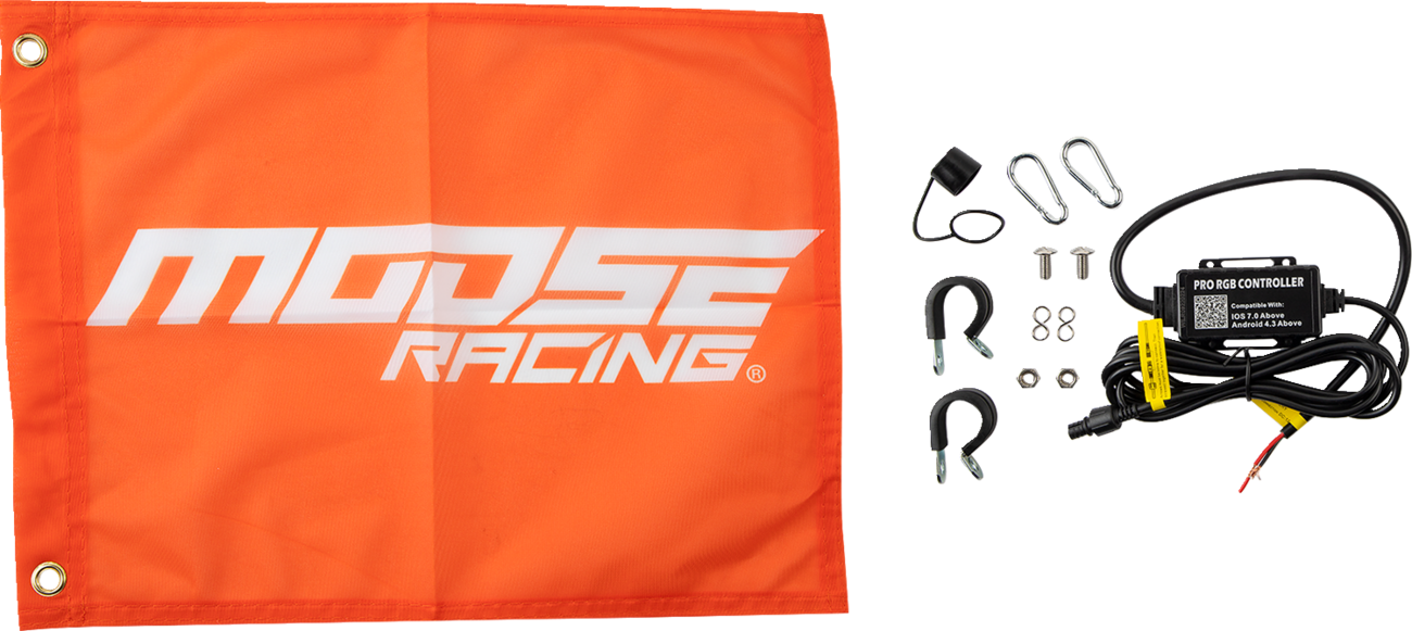 An orange Moose Racing flag with white logo is on the left. On the right is a black electronic controller labeled “PRO LED CONTROLLER,” with wiring, connectors, mounting hardware, screws, and two U-bolts placed separately on a light background.