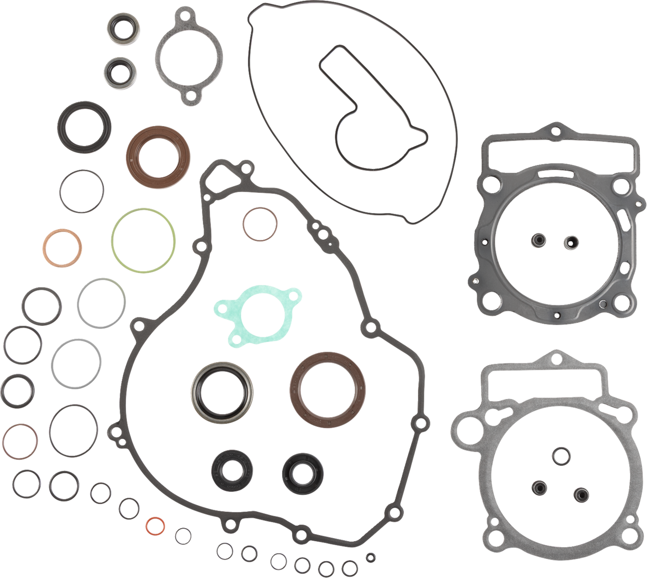 A collection of assorted gaskets, seals, and O-rings of various shapes and sizes, laid out on a white background. Components include large irregular gasket shapes, circular seals in black, brown, and metallic, and two rounded rectangular metal gaskets.