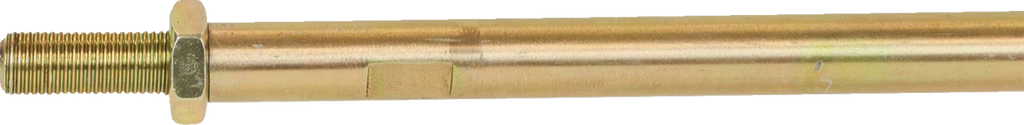 A close-up of a gold metallic rod or bolt with a hexagonal head on the left and threaded end. The main shaft is smooth, with a slight sheen. The background is a plain, light gray color.