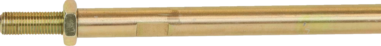 A close-up of a gold metallic rod or bolt with a hexagonal head on the left and threaded end. The main shaft is smooth, with a slight sheen. The background is a plain, light gray color.