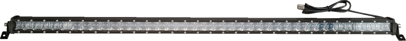 A long, black LED light bar with a clear lens and multiple LED bulbs arranged in a row. It has metal mounting brackets on each end and a power cable extending from the right side, ending in a plug. The background is plain white.
