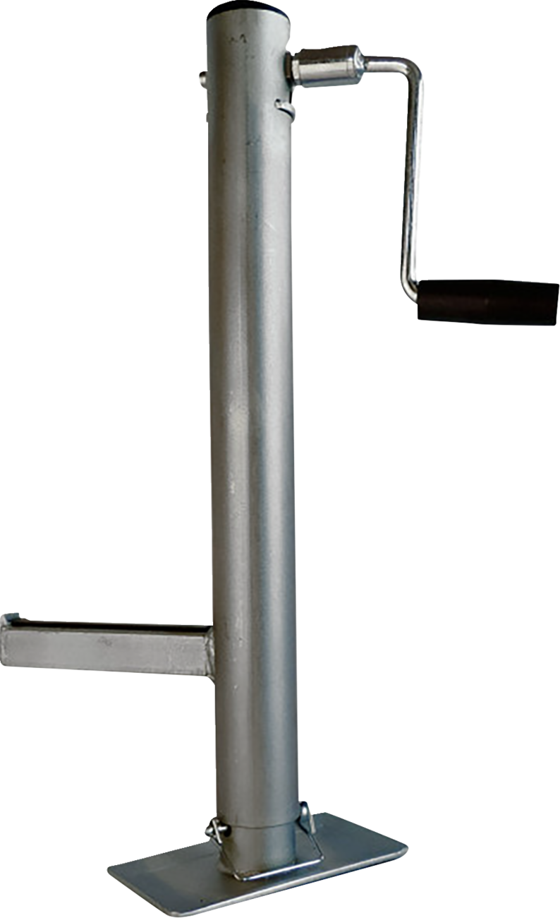 A metal trailer jack with a cylindrical vertical shaft, a flat base plate, and a side crank handle with a black grip. A horizontal mounting bracket extends from the side. The jack is designed for lifting and lowering trailers.