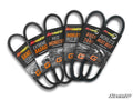 Five Polaris RZR Pro R Heavy-Duty CVT Drive Belts in orange and black packages, each boldly labeled: Sand Storm, Extreme Badass, Mud Monster, Rock Trail, World’s Best Belt. Off-road vehicles pictured; SuperATV logo at bottom right.