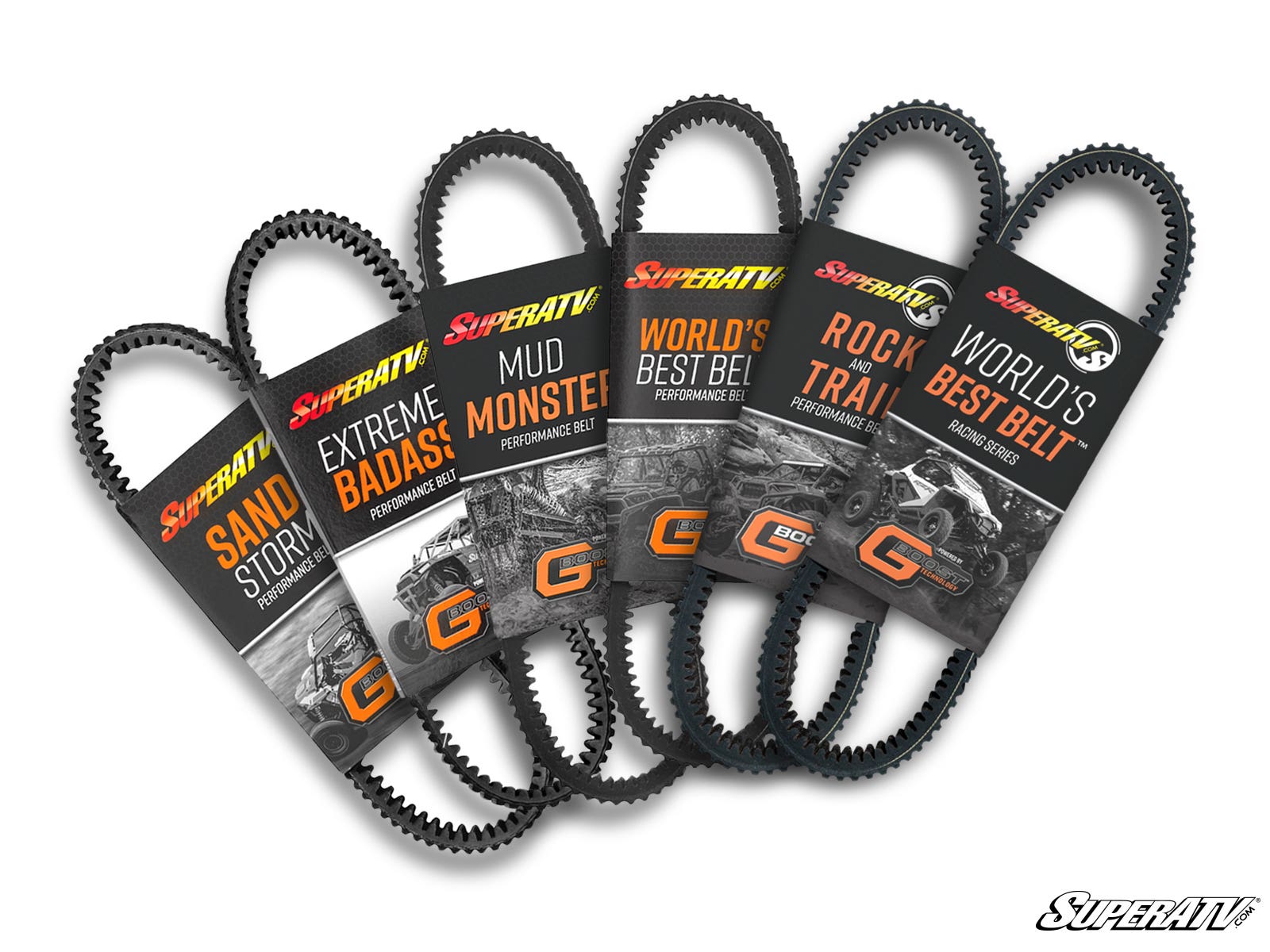 Five Polaris RZR Pro R Heavy-Duty CVT Drive Belts in orange and black packages, each boldly labeled: Sand Storm, Extreme Badass, Mud Monster, Rock Trail, World’s Best Belt. Off-road vehicles pictured; SuperATV logo at bottom right.