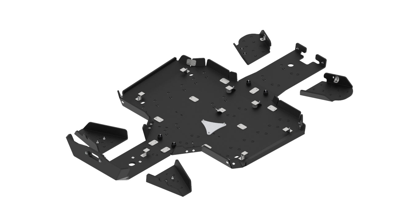A Full HDPE Skid Plate Kit for CFMOTO CFORCE 625 Touring (-2022) and CFORCE 600 Touring (2020-2022), featuring a durable, contoured design with multiple mounting points and cutouts for optimal underbody protection.