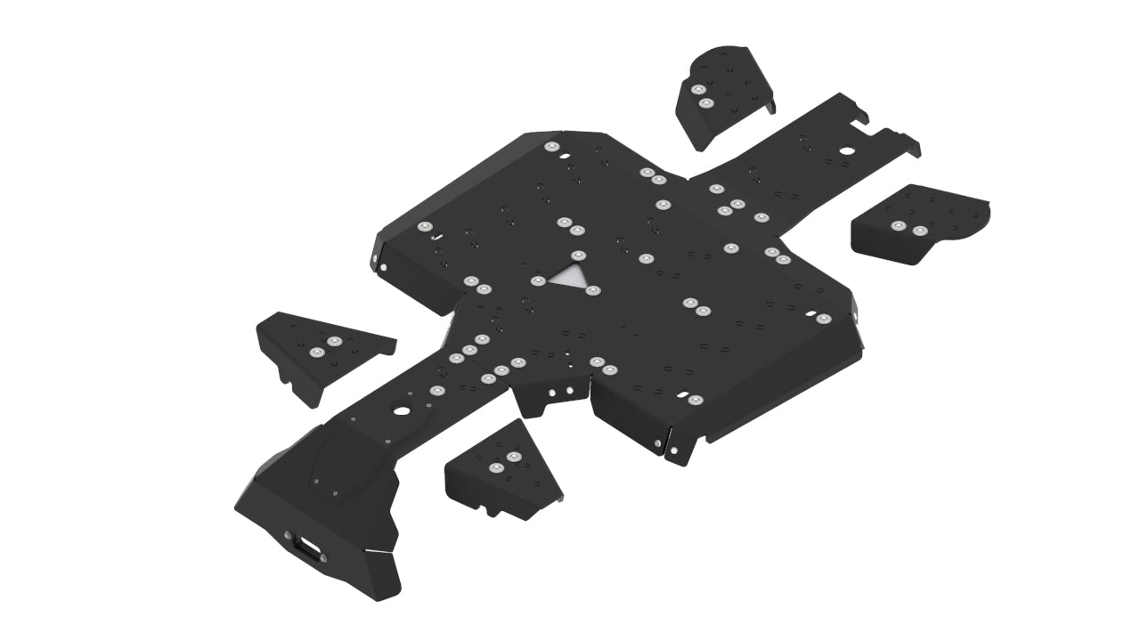 A black, flat HDPE skid plate kit for the CFMOTO CFORCE 625 Touring (-2022) and CFORCE 600 Touring (2020-2022), featuring pre-drilled holes, bolts, cutouts, angular edges, and four separate mounting brackets for structural protection.