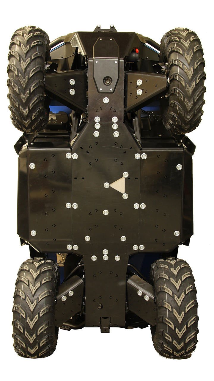 The CFMOTO CFORCE 625/600 Touring Full HDPE Skid Plate Kit is shown installed, featuring a flat black undercarriage with multiple bolts and a central triangular section, as well as large rugged tires with deep treads for rough terrain.