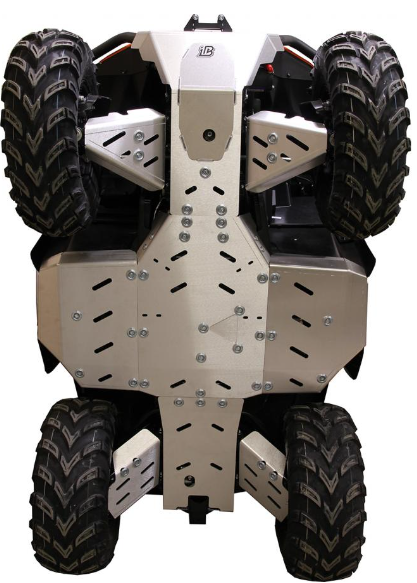 A view of the Skid plate full set (aluminium) for CFMOTO CFORCE 625 (-2022) and CFORCE 600 (2020-2022), showing a sturdy metallic chassis with bolts and panels designed to protect the vehicle’s underside during rough outdoor use.