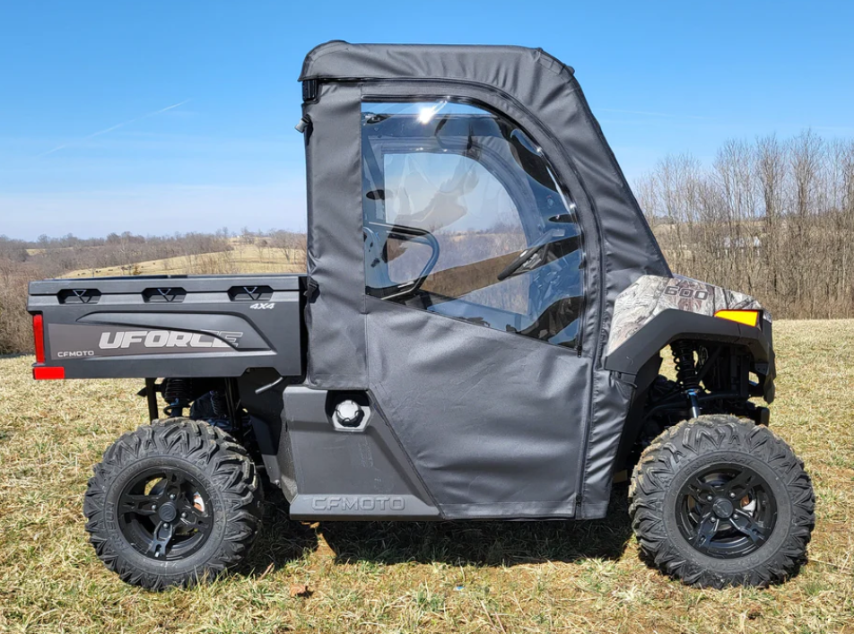 A black utility CFMoto UForce 600 with CFMoto UForce 600 doors and a gray fabric cab enclosure featuring clear plastic windows is parked on grass, set against a blue sky and leafless trees.