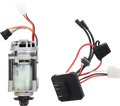 Two components are shown: on the left, a cylindrical electric motor with visible wiring and connectors; on the right, a cluster of wires with connectors and a rectangular black module attached. Both are set against a plain white background.