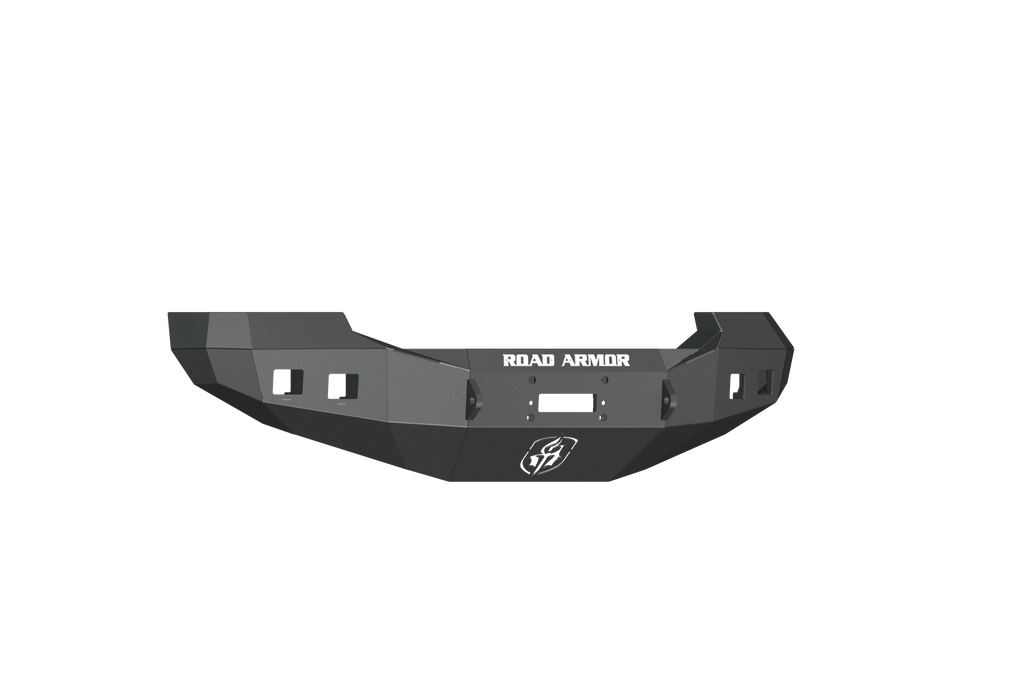 The 2005-2007 Ford F-250 Stealth Front Winch Bumper in textured black has angular steel edges, a winch cutout, two light openings per side, ROAD ARMOR in white text above the winch slot, and the Road Armor logo at the bottom center.