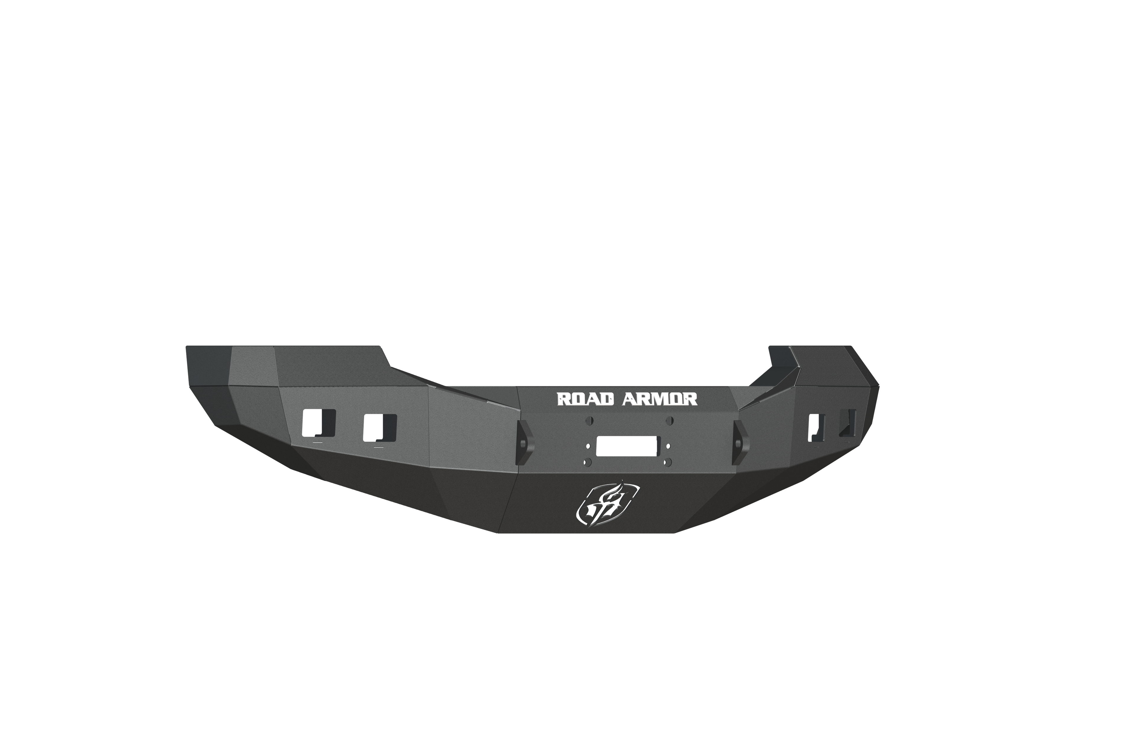 The 2005-2007 Ford F-250 Stealth Front Winch Bumper in textured black has angular steel edges, a winch cutout, two light openings per side, ROAD ARMOR in white text above the winch slot, and the Road Armor logo at the bottom center.