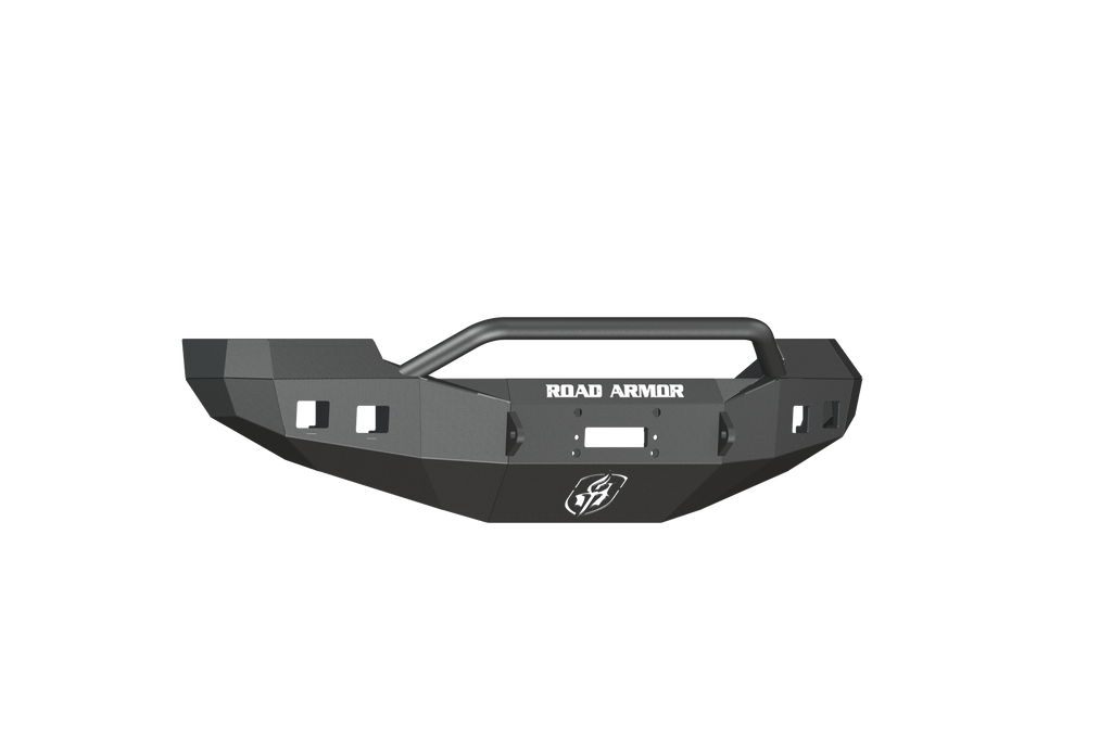 A 2005-2007 Ford F-250 Stealth Front Winch Bumper Pre-Runner Guard in textured black, featuring angular design, central bull bar, cutouts for winch/lights (Warn 16.5Ti compatible), and ROAD ARMOR branding on a transparent background.