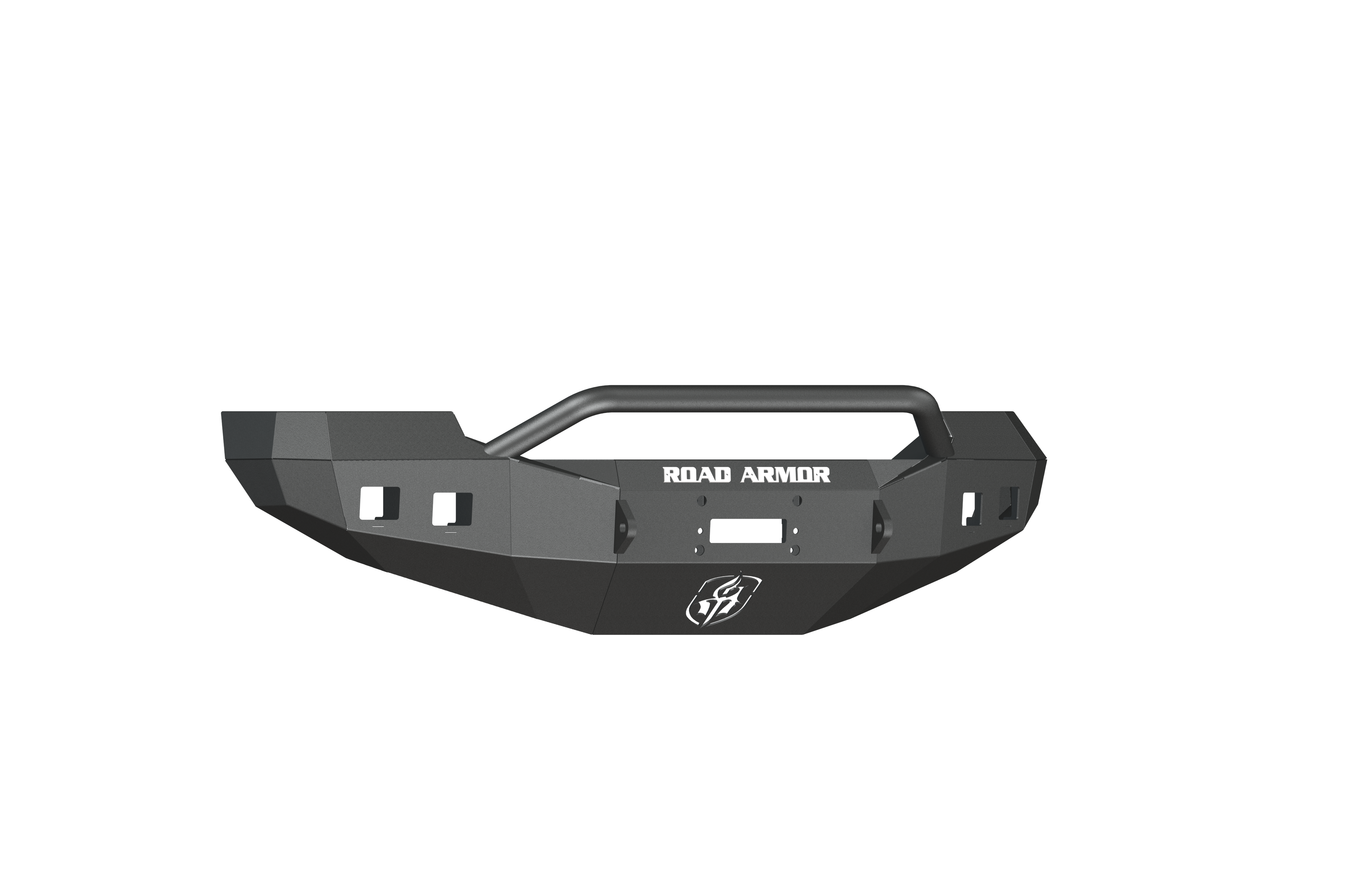 A 2005-2007 Ford F-250 Stealth Front Winch Bumper Pre-Runner Guard in textured black, featuring angular design, central bull bar, cutouts for winch/lights (Warn 16.5Ti compatible), and ROAD ARMOR branding on a transparent background.