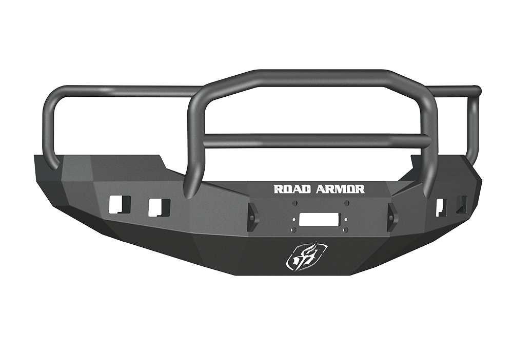 The 2005-2007 Ford F-250 Stealth Front Winch Bumper Lonestar Guard in texture black features an angular metal design, integrated grille guard, visible ROAD ARMOR logo, and multiple mounting points. Compatible with Warn 16.5Ti winch for trucks and SUVs.