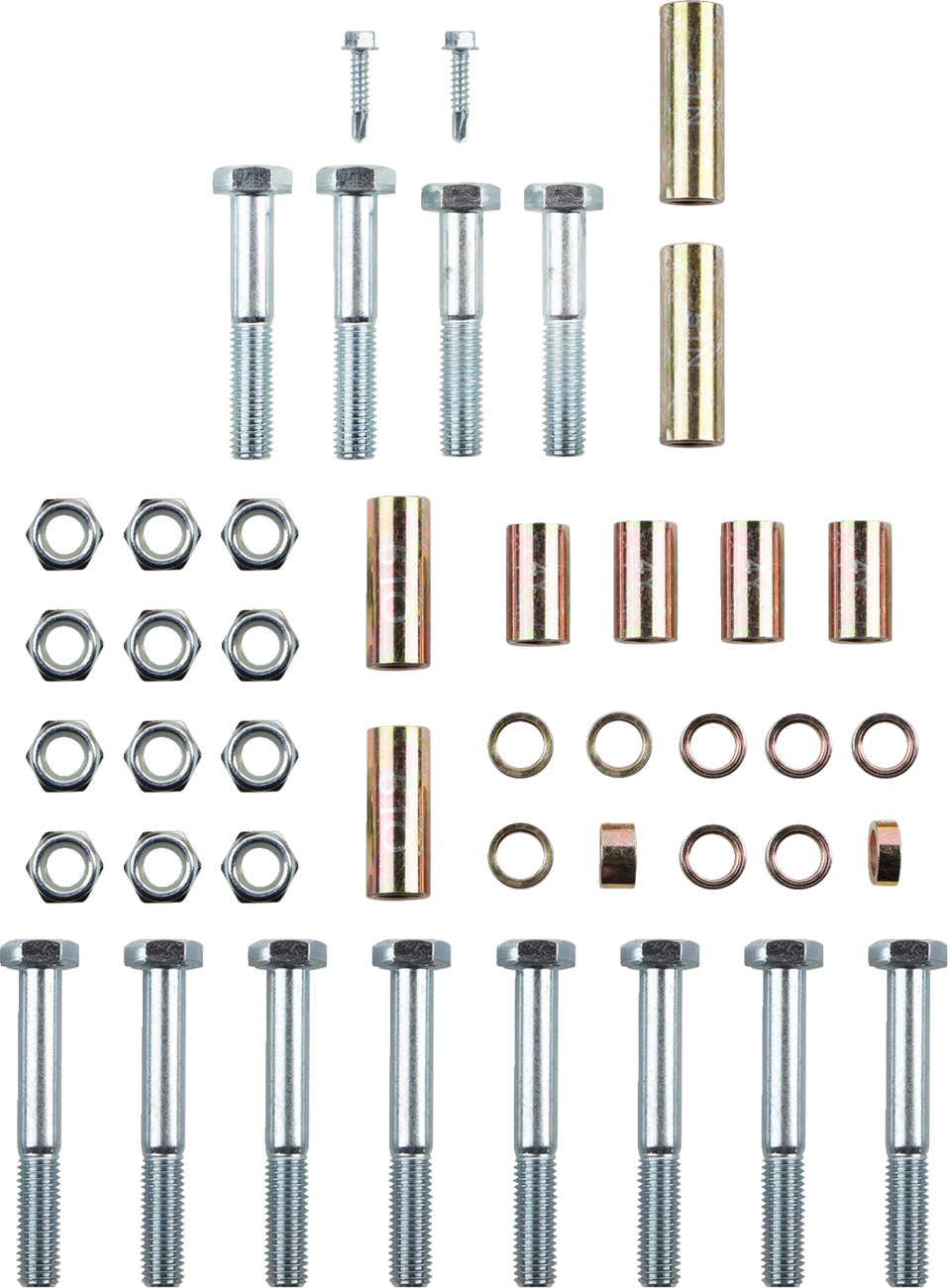 A neatly arranged set of bolts, nuts, washers, cylindrical spacers, and screws, all metallic. Items are laid out in rows by type and size on a white background, showing an organized hardware kit.