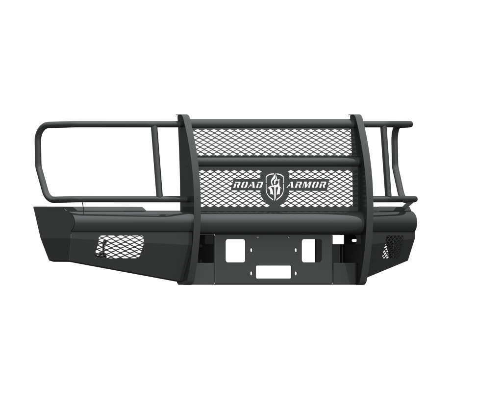 The 2008-2010 Ford F-250 Vaquero Front Non-Winch Plate in texture black is a robust metal grille guard with perforated panels, wraparound headlight protection, mounting holes, and a Ranch Hand badge with a star for heavy-duty front-end protection.
