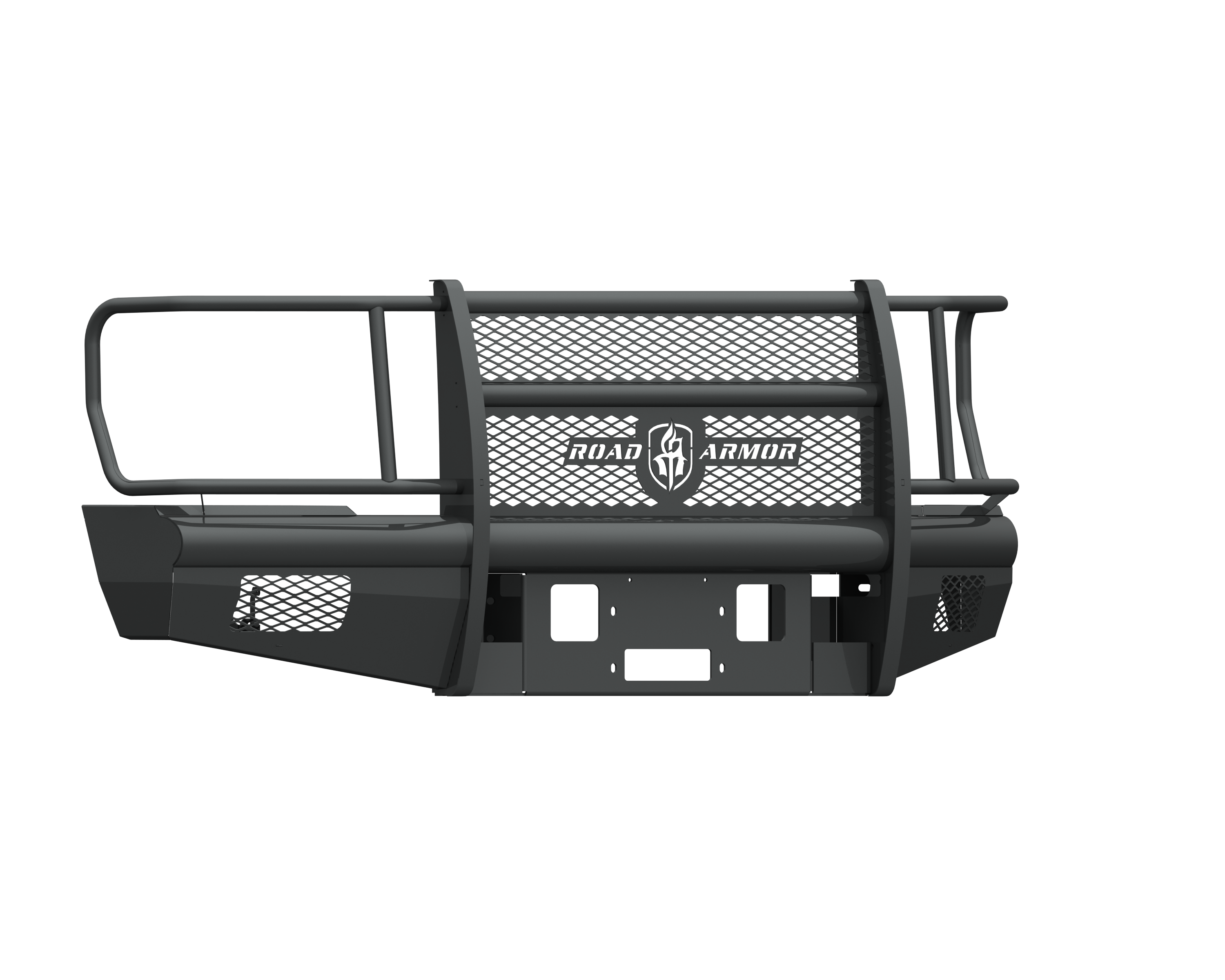 The 2008-2010 Ford F-250 Vaquero Front Non-Winch Plate in texture black is a robust metal grille guard with perforated panels, wraparound headlight protection, mounting holes, and a Ranch Hand badge with a star for heavy-duty front-end protection.