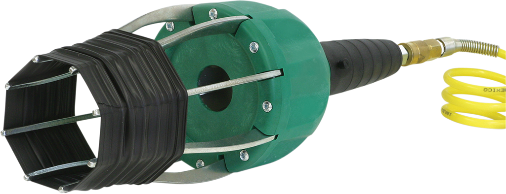 A close-up of a green, black, and metal pneumatic pipe plug, with a segmented rubber expansion head, metal support arms, and an attached yellow coiled air hose, used for sealing or testing pipes in plumbing or construction work.