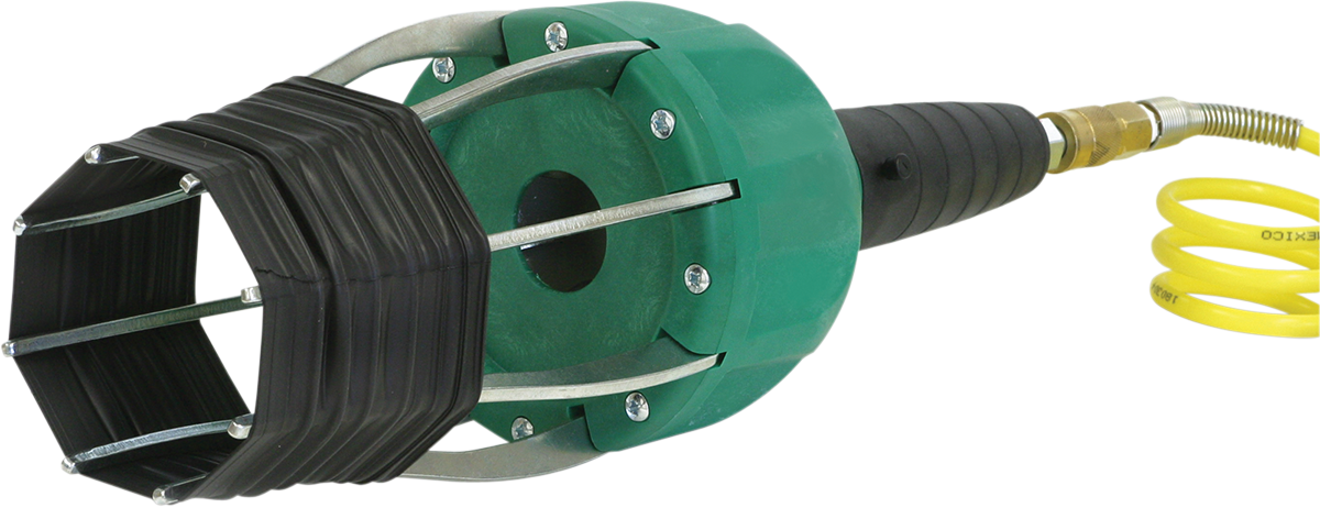 A close-up of a green, black, and metal pneumatic pipe plug, with a segmented rubber expansion head, metal support arms, and an attached yellow coiled air hose, used for sealing or testing pipes in plumbing or construction work.