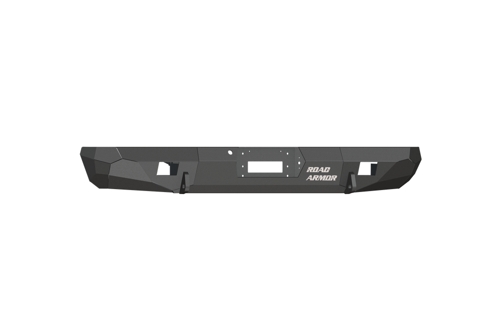 A 1999-2007 Ford F-250 Stealth Rear Winch Bumper in textured black steel, featuring a central winch slot for Warn M8000 or 9.5Xp, two rectangular light cutouts, and the white Road Armor logo on the right side against a plain white background.
